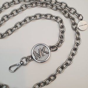 Womens Michael Kors Silver Toned Chain Link Belt With MK Crystal Buckle Size L